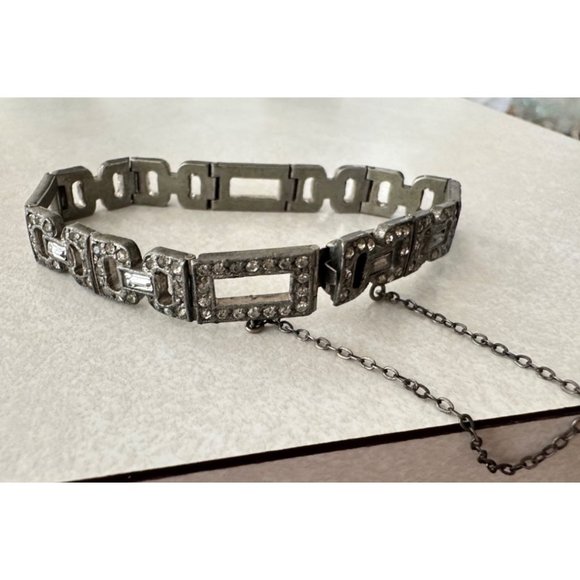 Antique Art Deco silver tone clear faceted glass paste rhinestones flex bracelet